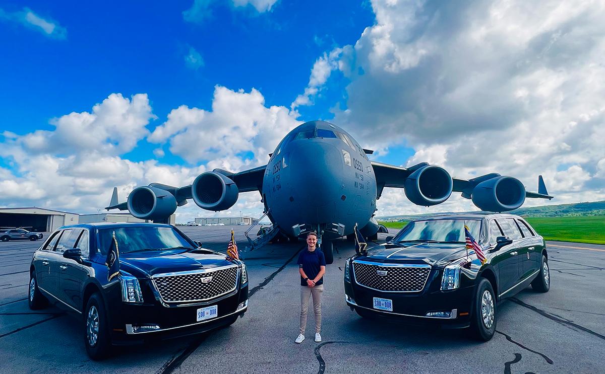 U.S. Secret Service agent Corina Pavel '18 on the tarmac with Air Force One in Philadelphia